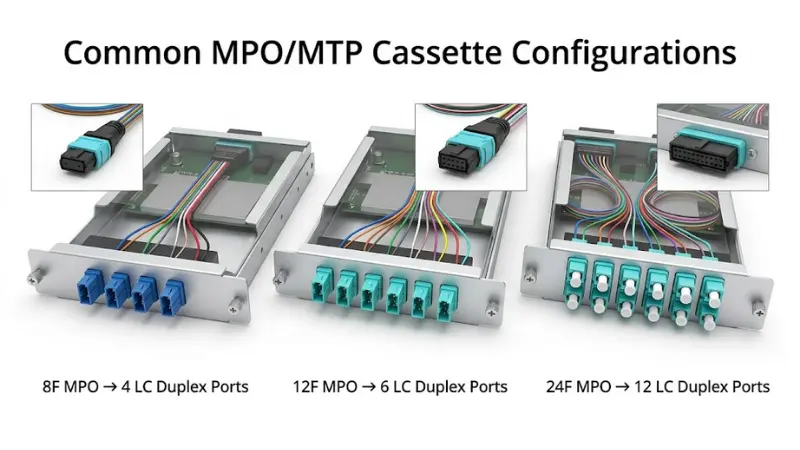 Common MPO/MTP cassette configurations including 8-fiber, 12-fiber and 24-fiber breakouts to LC duplex ports