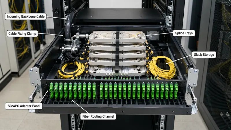 Open ODF optical distribution frame showing incoming backbone cable, splice trays, SC/APC adapter panel, slack storage, and fiber routing channels. Open ODF optical distribution frame showing incoming backbone cable, splice trays, SC/APC adapter panel, slack storage, and fiber routing channels.