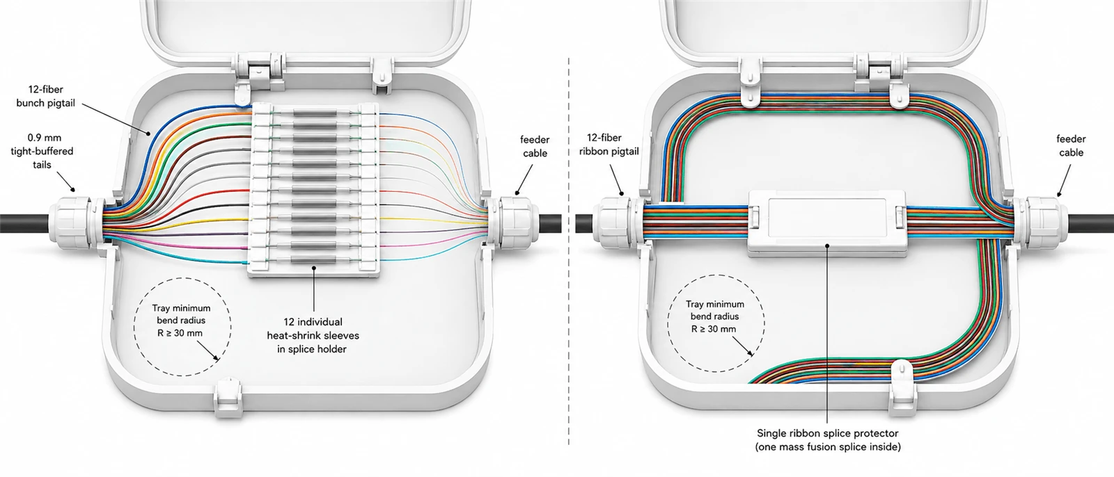 A 12-fiber bunch fiber optic pigtail with 0.9 mm tight-buffered tails beside a ribbon pigtail for mass fusion splicing, both coiled in an open splice tray with heat-shrink protectors, showing how 0.9 mm and 2.0 mm structures behave at the tray minimum bend radius